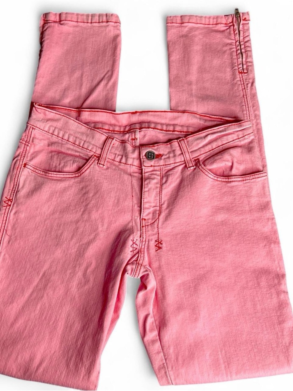 Ksubi bubblegum pink skinny silhouette stretch denim jeans ankle zippers